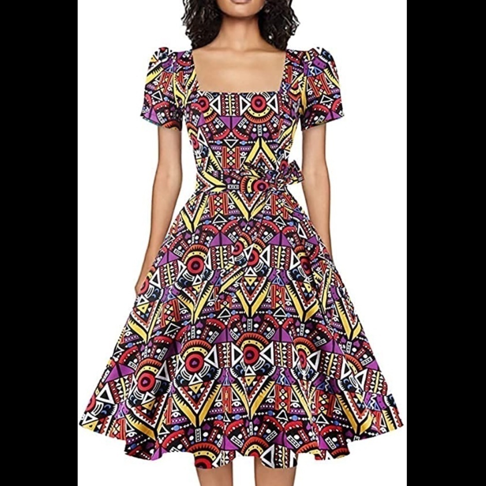 OBBUE Women's Square Neck Dress Vintage 1950s Cocktail Party Dress with Puff
